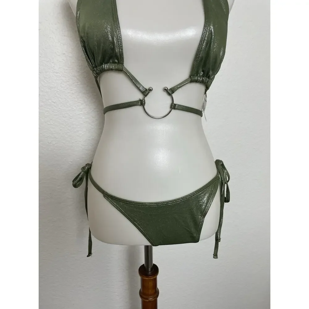 Fashion Nova Swim String Bikini Swimsuit Strappy Green Metallic Summer Festival